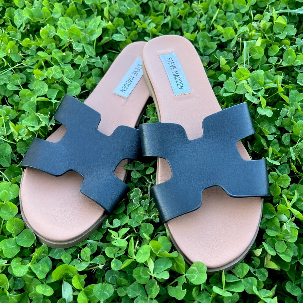 Steve Madden Woman’s Roceen Black Leather Spring Summer Sandals Size 6M